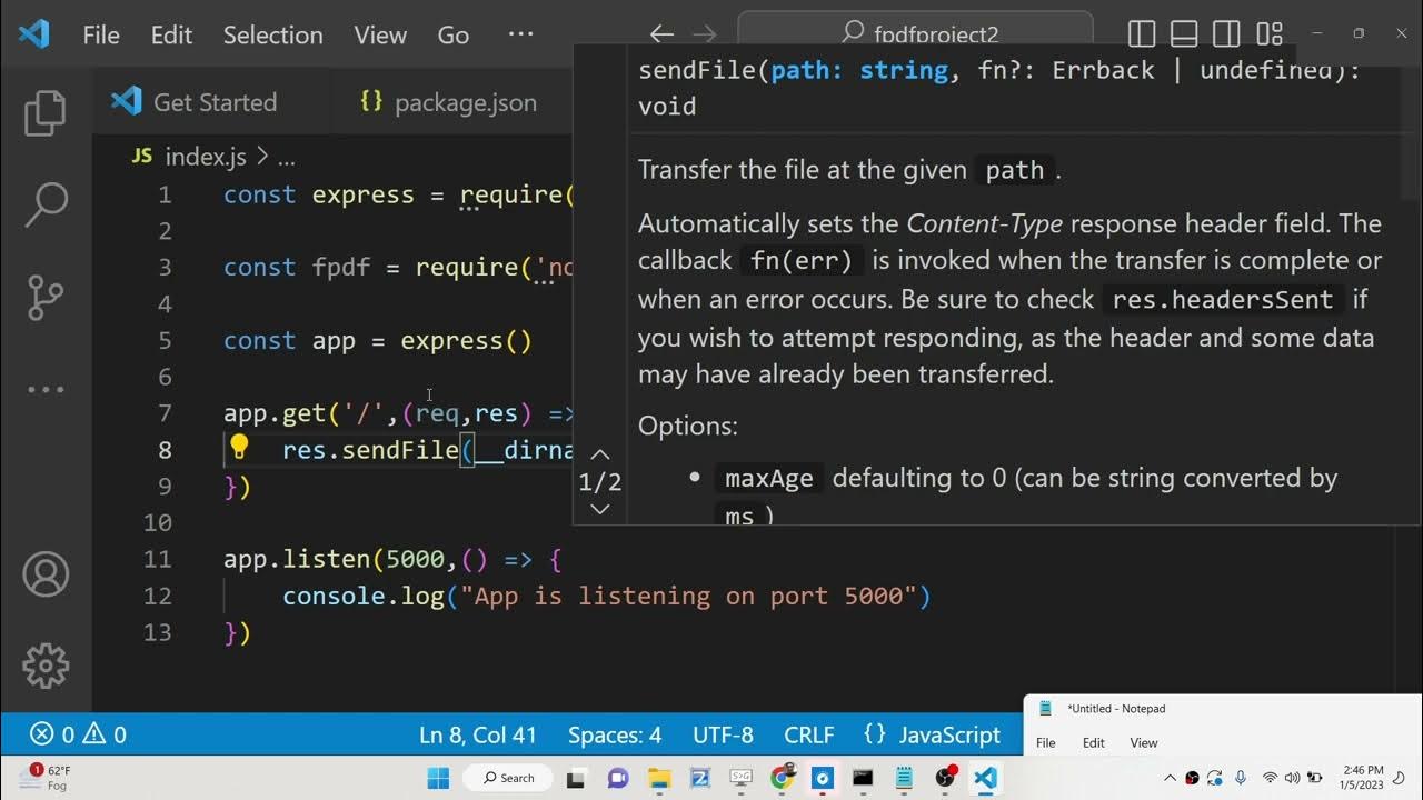 Node js express fpdf library project to export raw text to pdf document