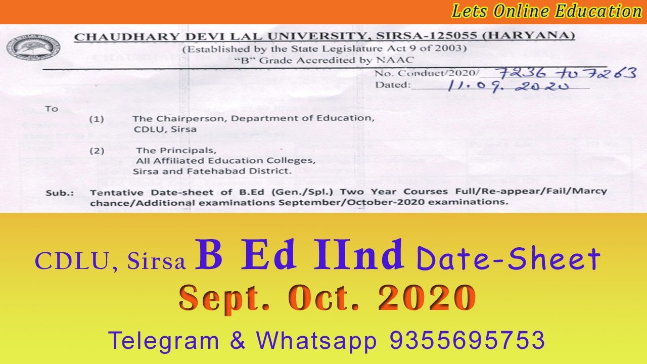CDLU Sirsa B Ed IInd Exam Date Sheet