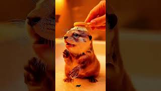 Baby otter is irritated by bath brush. Lovely reaction#cute #animals #otter