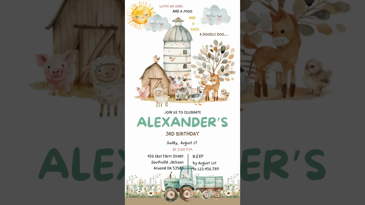 Animated Farm Birthday Party Invitation, Kids Farm Party Template Editable Farm Barn Birthday Invite