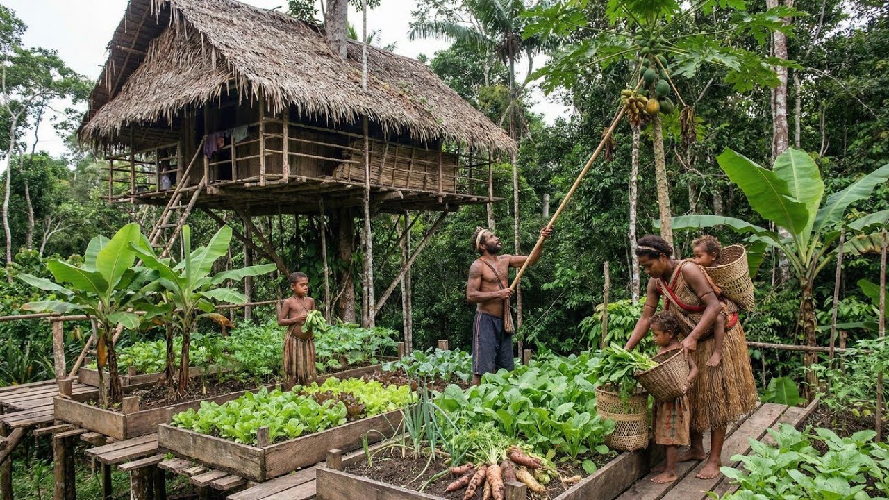 How korowai Tribe Family Grow & Harvest their Vegetable & Fruit From Beside Tree House FARM