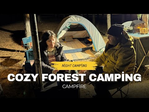 Ormanda gece kampı / COZY NİGHT CAMPİNG İN THE FOREST / TENT SETUP,CAMPFİRE & PEACEFUL AMBİENCE