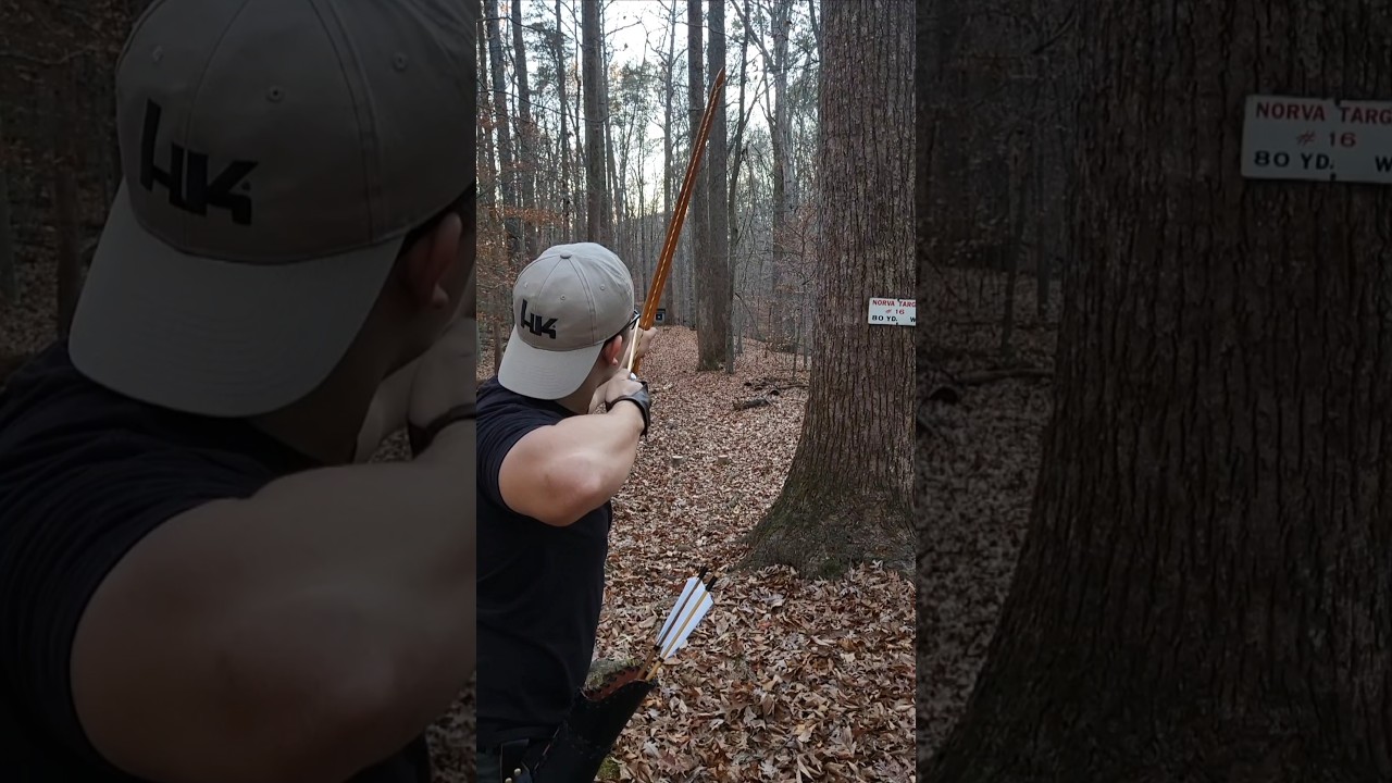 Shooting 55 lb @ 26"  yew recurve bow at 80 yards 