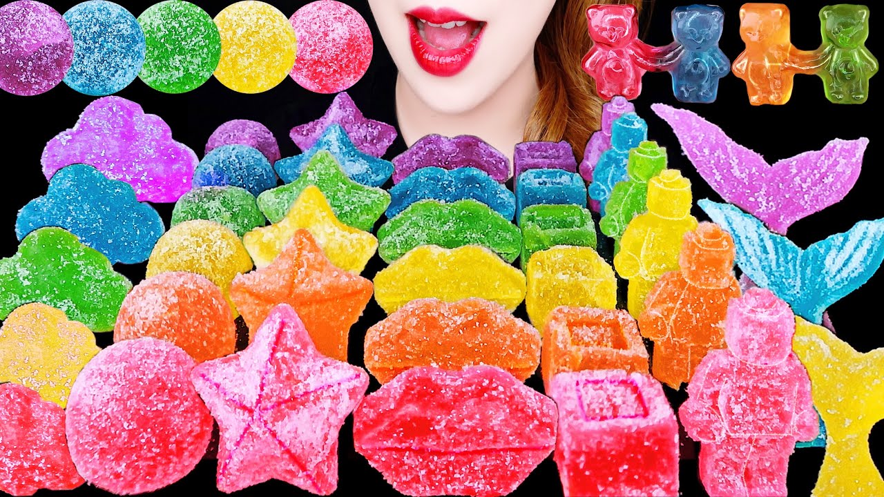 ASMR RAINBOW FOODS *LIP JEWELRY CANDY JELLY, BEAR GUMMY EATING SOUNDS ...
