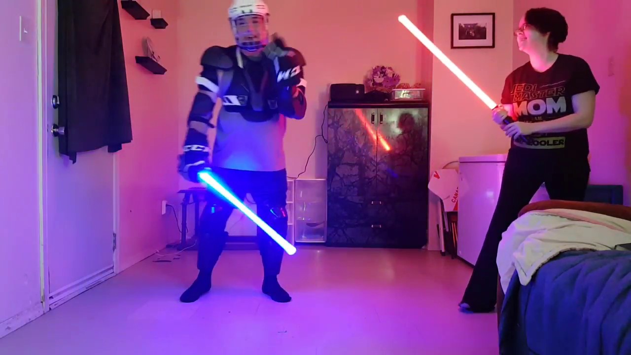 Testing a heavy grade Ultrasaber blade against hockey equipment.
