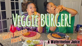 Let's make a Delicious Veggie Burger with Sweet Potato Fries and Watermelon Mango Juice!