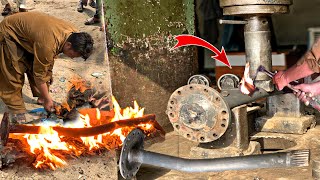 Crooked rear axle shaft straightening of semi truck || stuck wheel axle rebuild