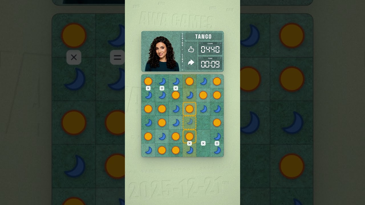 LinkedIn Tango #440 solved board for December 21, 2025, 6x6 grid