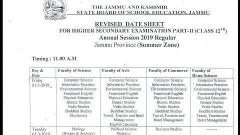 JKBOSE REVISED DATE SHEET 12TH CLASS JAMMU DIVISION ANNUAL 2019