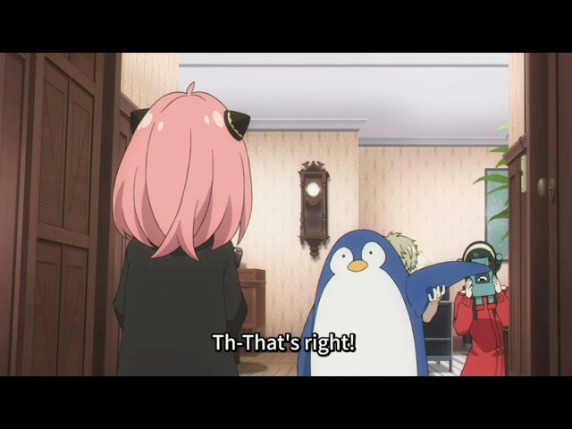 Loid pretending Mr penguin to apologies Anya [ SpyXFamily episode 12] class=