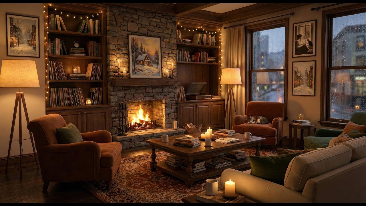 Fireplace & Rain Sounds with Slow Jazz Piano 🎹 Cozy Winter Night Ambience