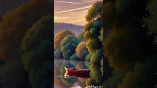 Red Boat on Still Water – Romantic Nature Painting 🎨🌅🛶🌿🌫️✨