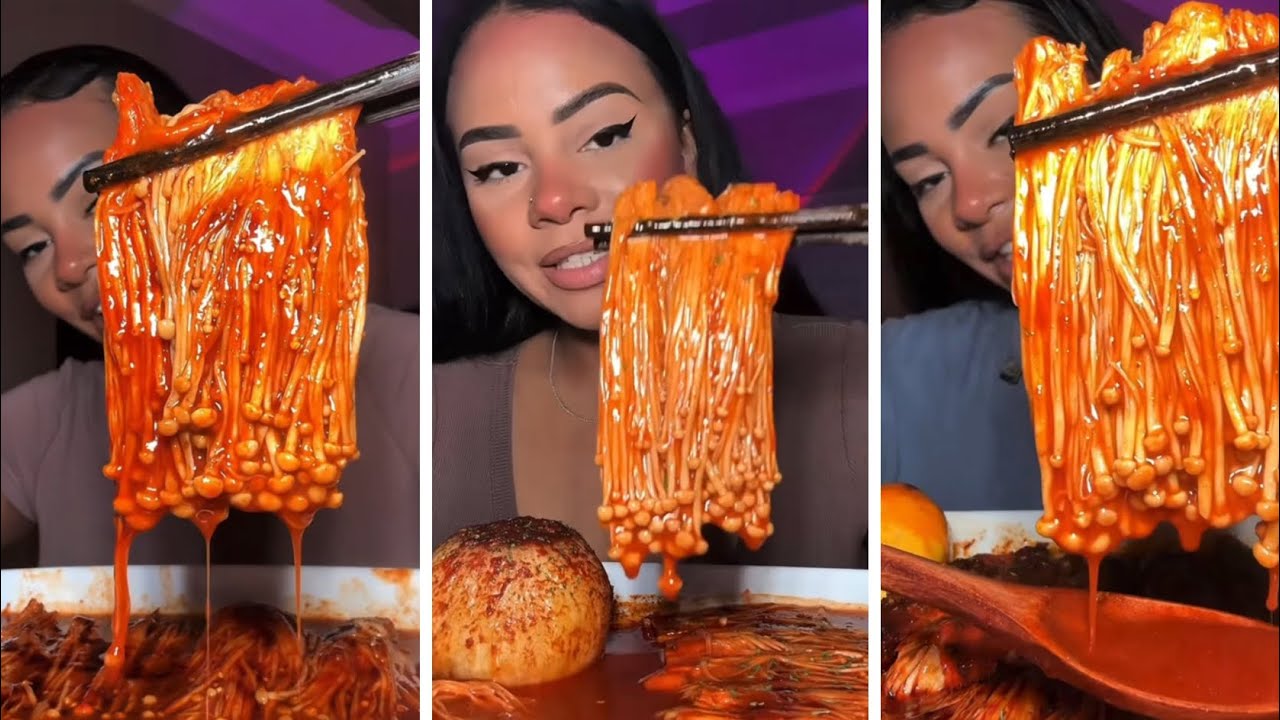 Crunchy Spicy Enoki ASMR That Made Me DROOL 😭🔥 #mukbang #food #shorts 