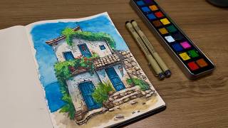 Draw and Watercolor Painting + Easy technique for beginners + ASMR + Relaxing video 🍃🖌️
