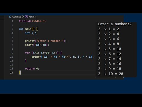 Multiplication tables in C program using for loop