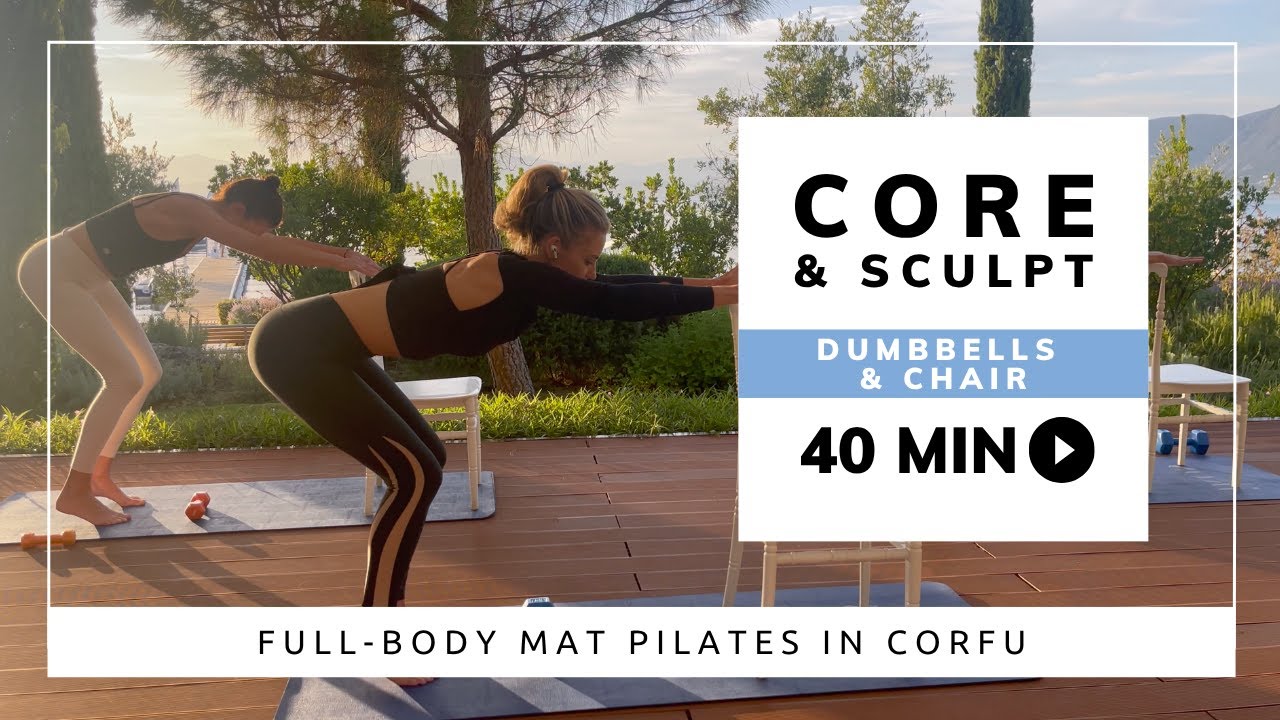 40-Min Core Strength Pilates Workout | Chair + Dumbbells | Full-Body Sculpt in Corfu with Amy Jordan