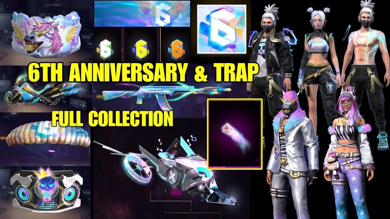 FREE FIRE 6TH ANNIVERSARY FULL COLLECTION ITEMS REVIEW | TRAP 2.0 ITEMS REVIEW | 6TH ANNIVERSARY FF