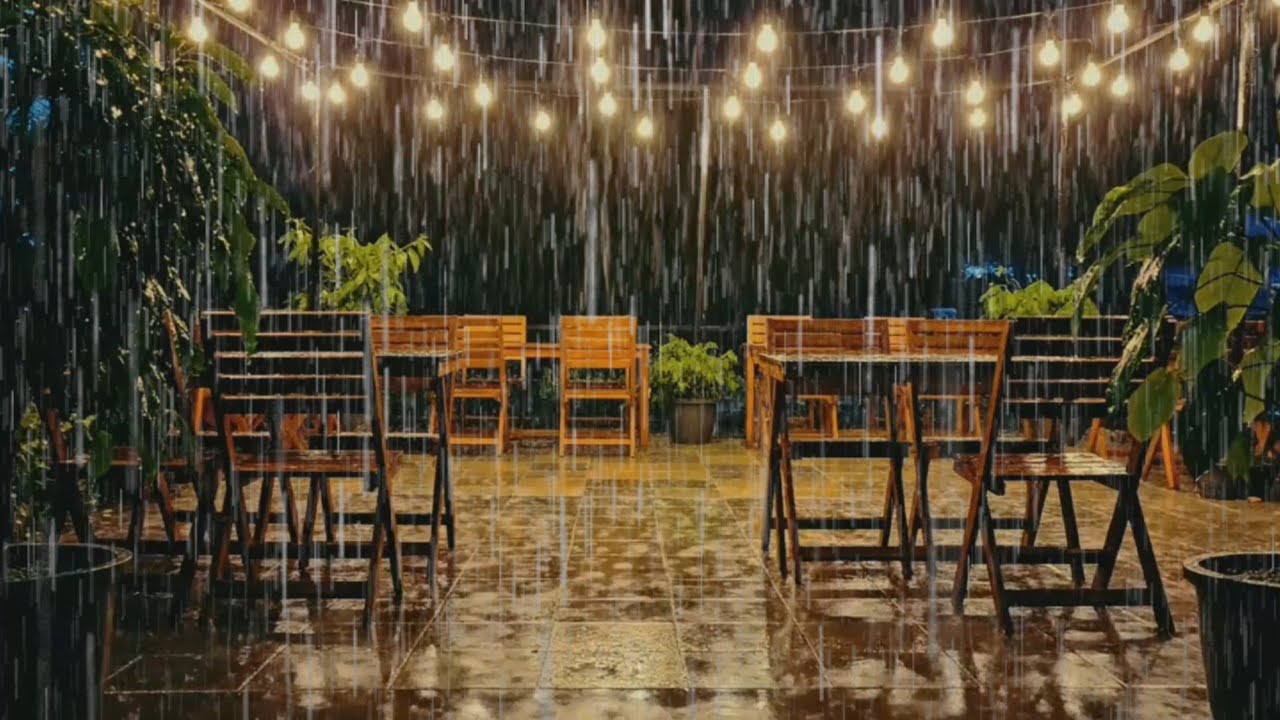 Rainy Night at a Quiet Outdoor Café 🌧️ Warm Lights, Relaxing Ambience