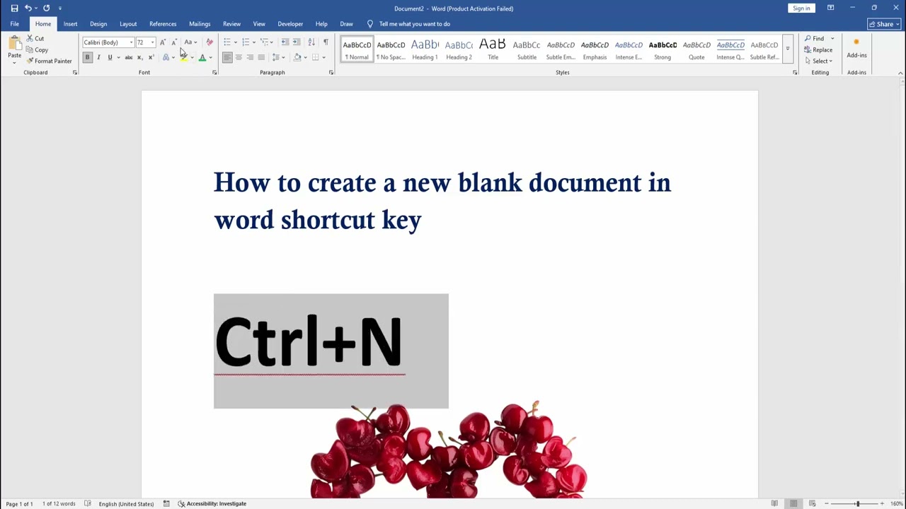How to create a new blank document in word shortcut key