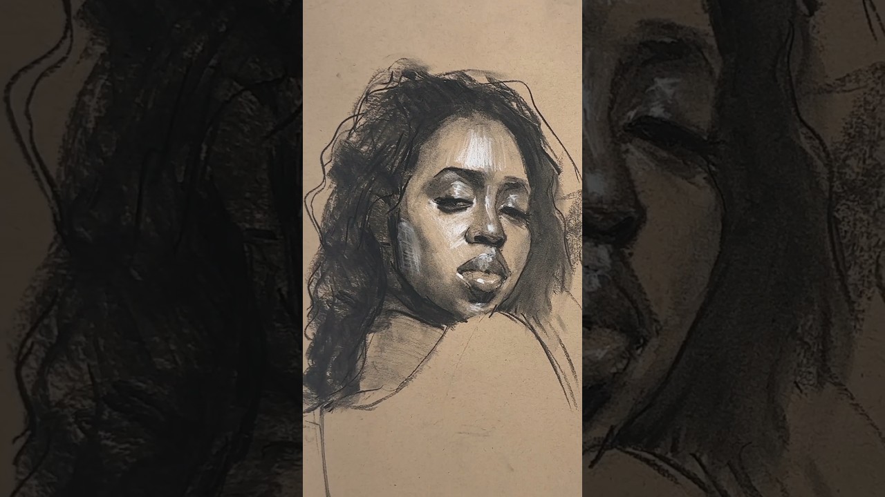 Female portrait drawing in charcoal 