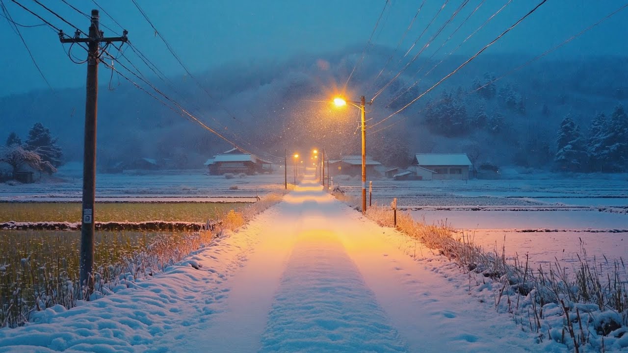 雪の道、温かな光