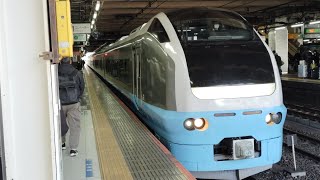 JR東日本E653系1000番台K71編成が特急幕で大宮駅6番線に入線到着停車→発車するシーン