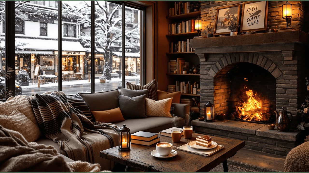 Jazz Relaxing Music ️ Cozy Winter Coffee Shop Ambience with Crackling ...