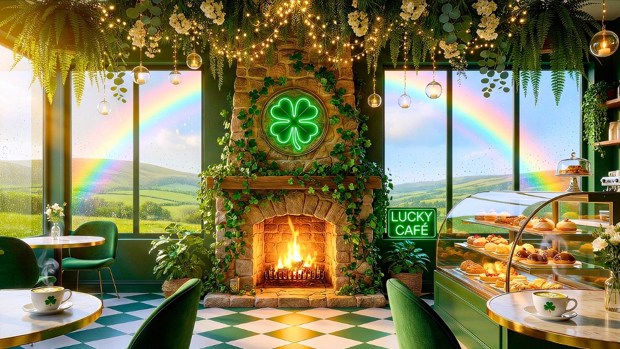 St Patrick’s Day Ambience 🌈 Cozy Magical Irish Café with Fireplace & Relaxing Celtic Music | 4K