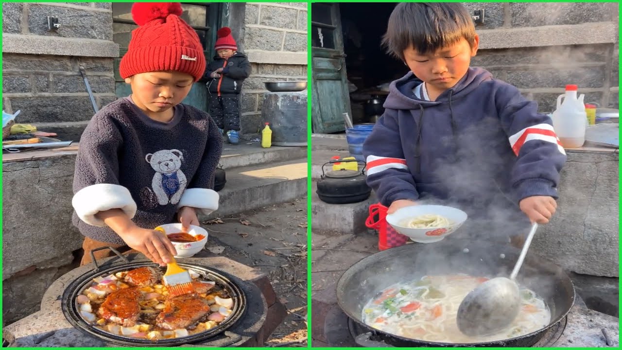 Amazing Rural life little chef cooking food under winter season 조리  クック