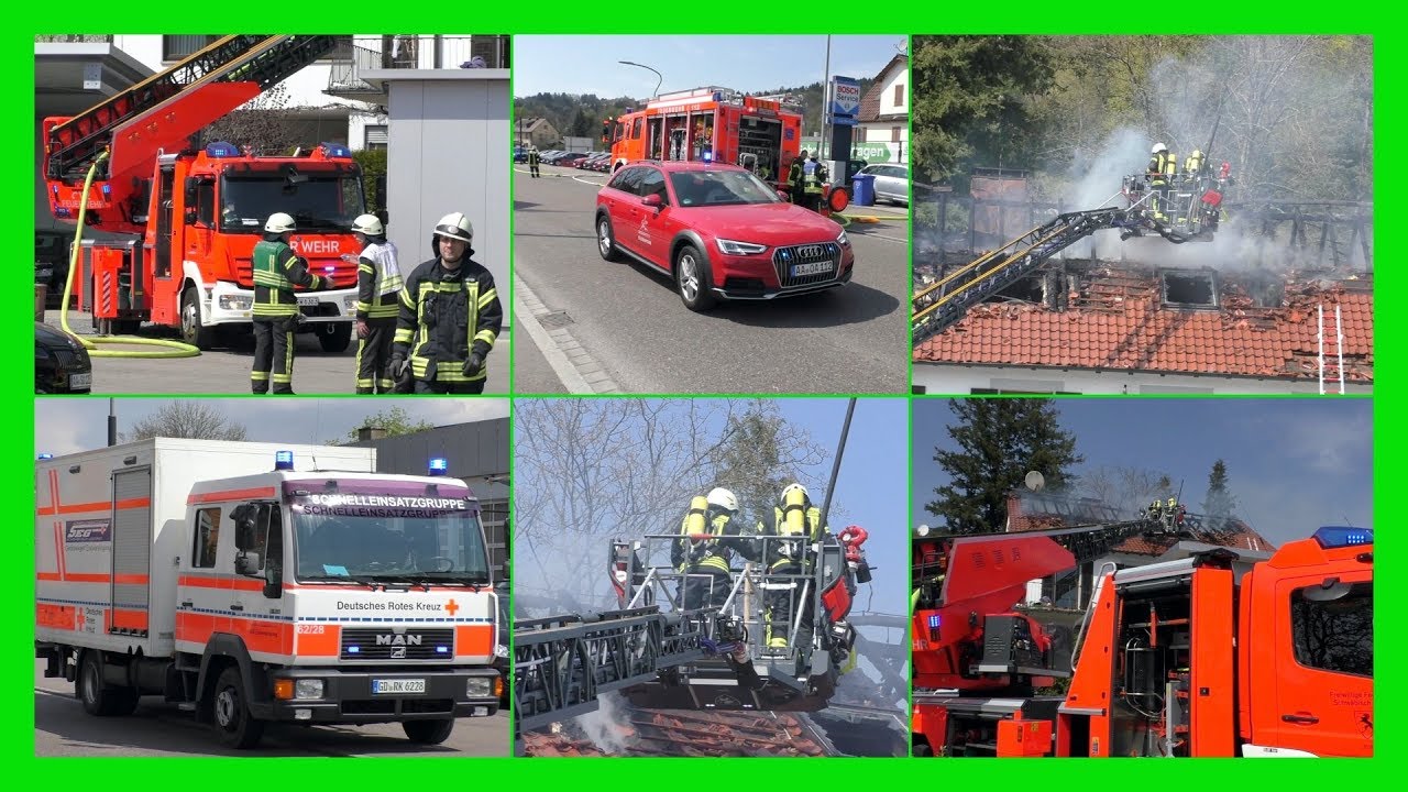 + FEUERWEHR mit 2 DREHLEITERN im BRANDEINSATZ + [DACHSTUHL KOMPLETT AUSGEBRANNT] - [E]