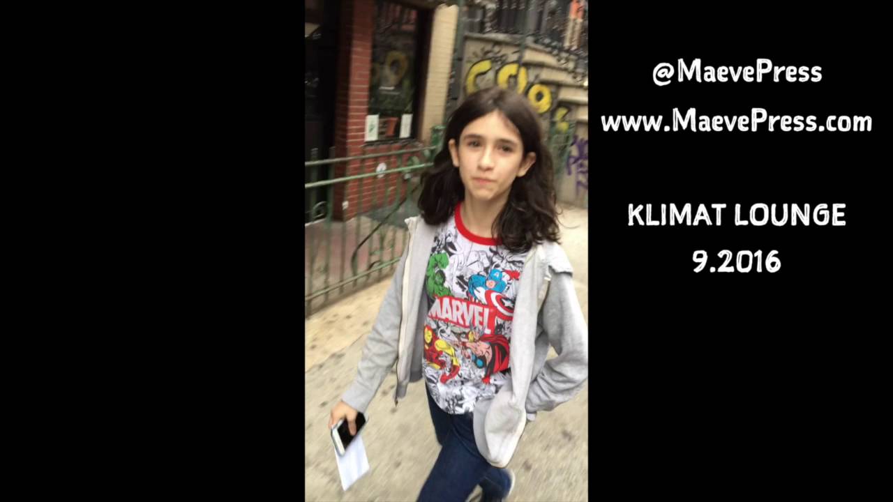 Teen female comic Maeve Press entering the Klimat Lounge