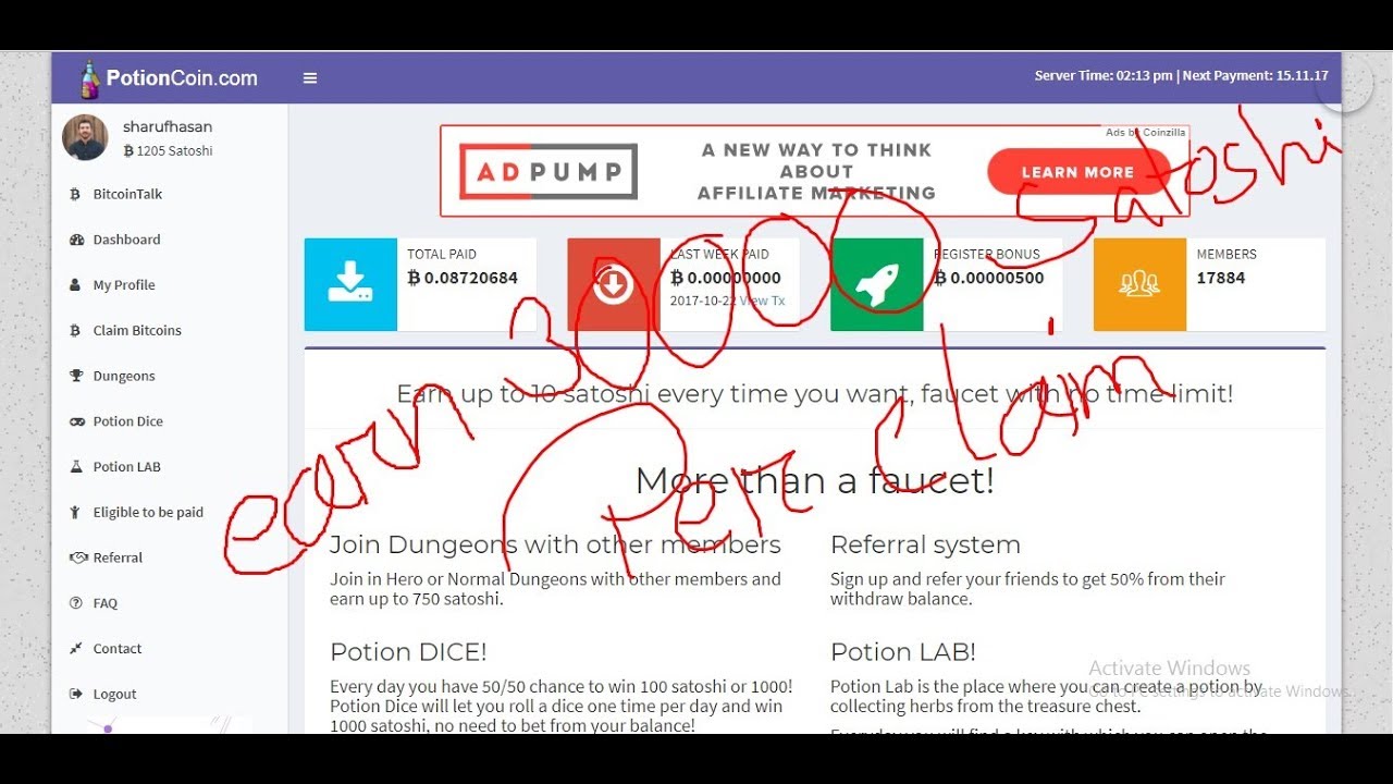 Potioncoin.com earn 30000 satoshi per day!!!  no timer 5 satoshi per claim!!!!