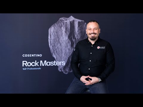 Cosentino Rock Masters brand film, presenter with a stone slab