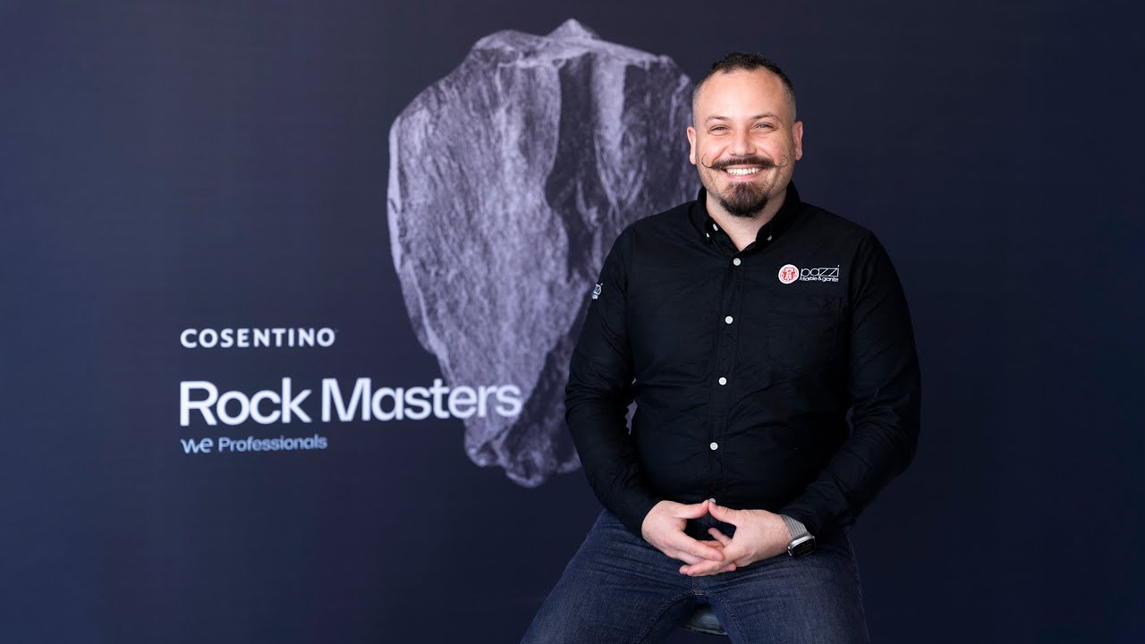 Cosentino Rock Masters brand film, presenter with a stone slab