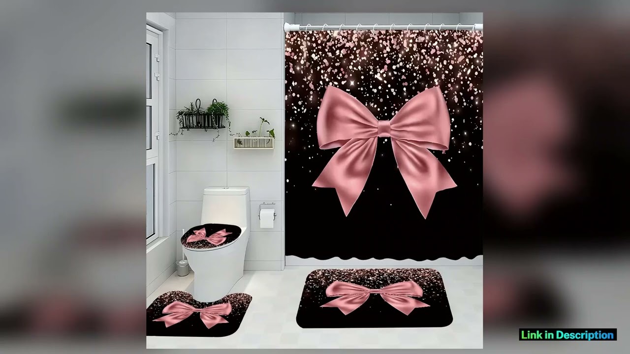 Pink bow bathroom Fourpiece Set Avantgarde waterproof shower curtain creating a complete bathroom