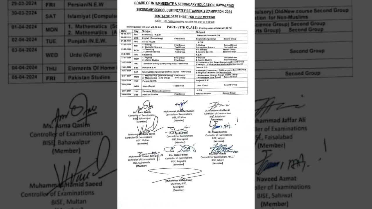 Date sheet Of (Matric) 10th and 9th Class For Annual Exam 2024.