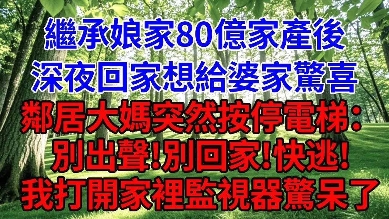 繼承娘家80億家產後，深夜回家想給婆家驚喜。鄰居大媽突然按停電梯：別出聲！別回家！快逃！我打開家裡監視器驚呆了。#婆媳故事#為人處世#生活經驗#情感故事#故事#小說#戀愛#情感#婚姻