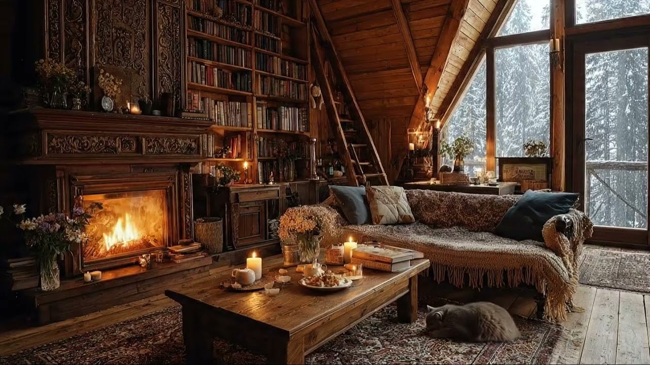 Cozy Cabin Library Jazz 📚❄️ | Quiet Background Music for Reading & Deep Focus