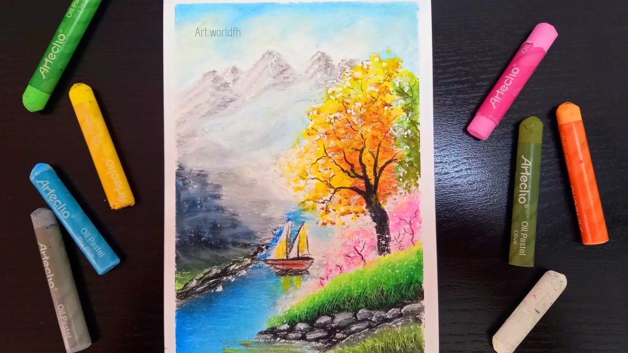 Easy Oil Pastel Landscape Tutorial | Mountain, Lake & Colorful Tree Step by Step