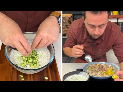 Lebanese Meat With Rice And Yogurt Salad أطيب وصفة رز باللحم اللبنانية مع أفخم سلطة خيار باللبن 
