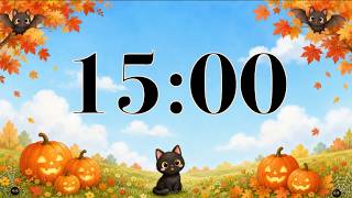 15 Minute Timer 🎃 Cute Fall Halloween Cat & Pumpkins | Happy October Music for Classroom Focus