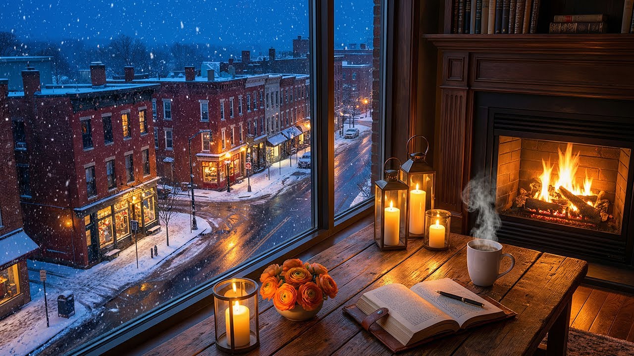 Quiet Winter Coffee Shop ❄️ Soft Jazz Music with Fireplace Sound for Work