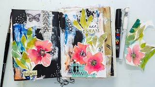 Junk Journal with Me - Mixed Media Collage using up my Watercolor Flowers 🌷