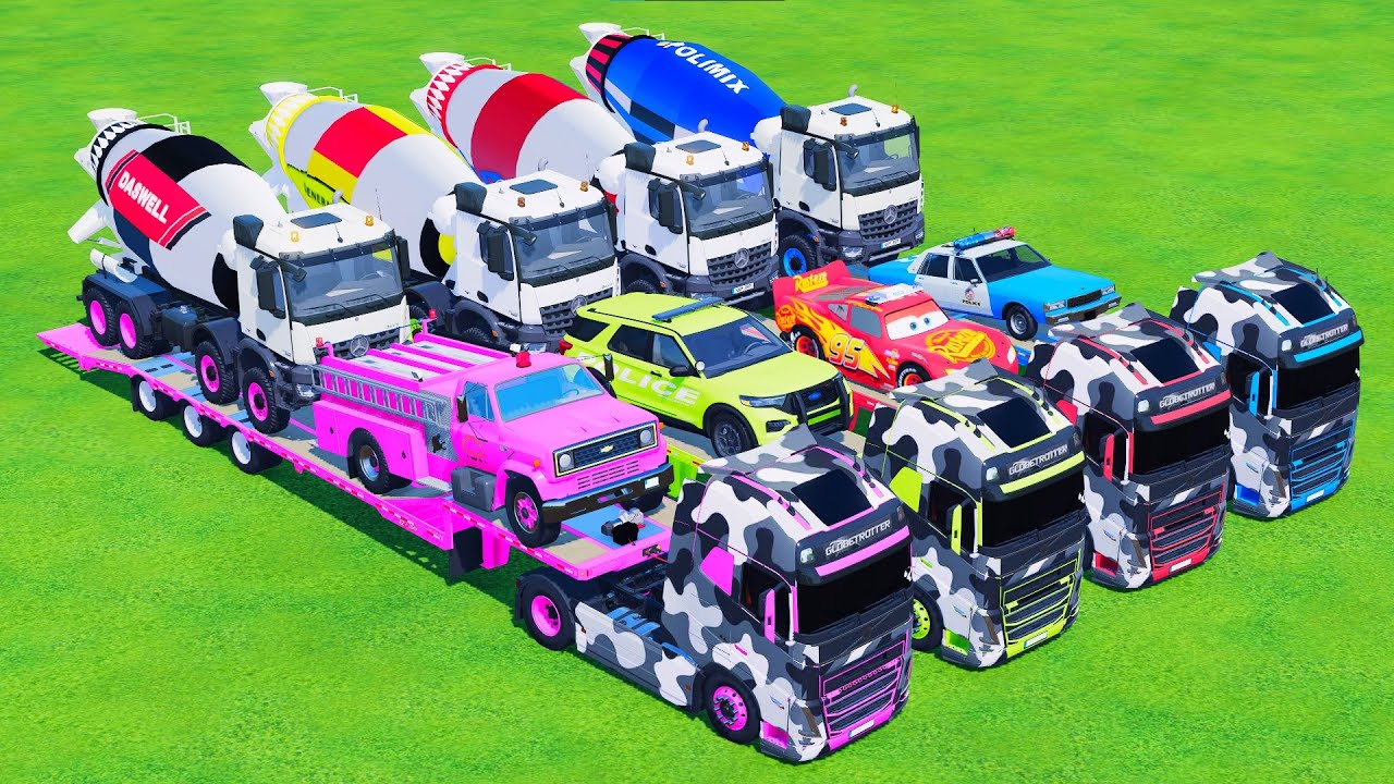 TRUCK with COLORS - CHEVROLET,FORD,MCQUEEN,MIXER with FLATBED TRAILER TRUCK - FS 22 Galaxy Farm