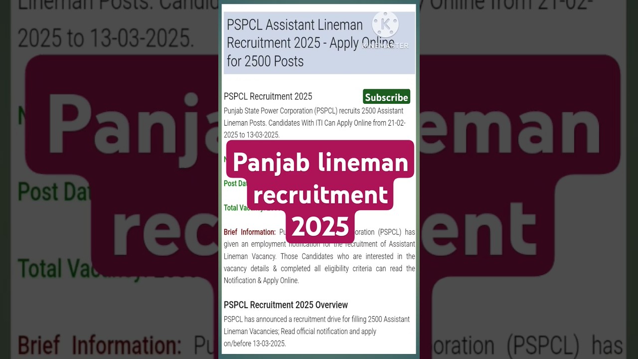 PSPCL Assistant Lineman Recruitment 2025 - Apply Online for 2500 Posts