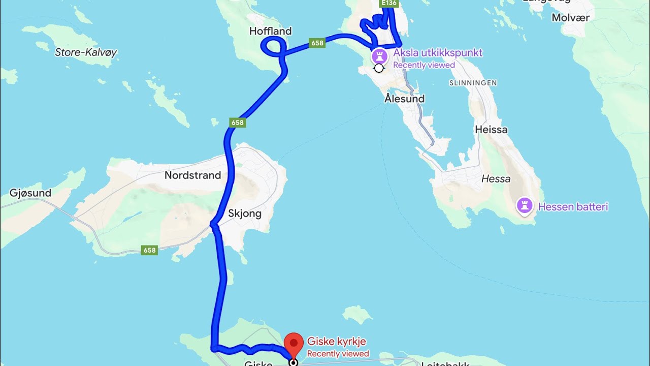 Scenic drive from Aksla viewpoint to Giske church on Giske Island Norway