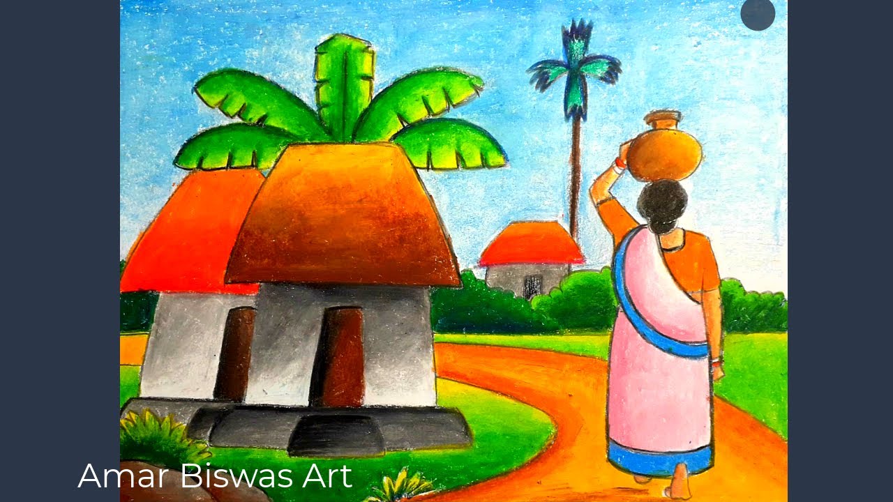 village working scenery drawing step by step | water collect