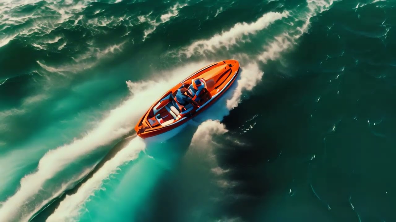 Aerial view of a speedboat in the ocean. Top view. Aerial top down view of slalom made by speed boat