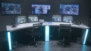 Workspace in security control center with computers and big digital screens