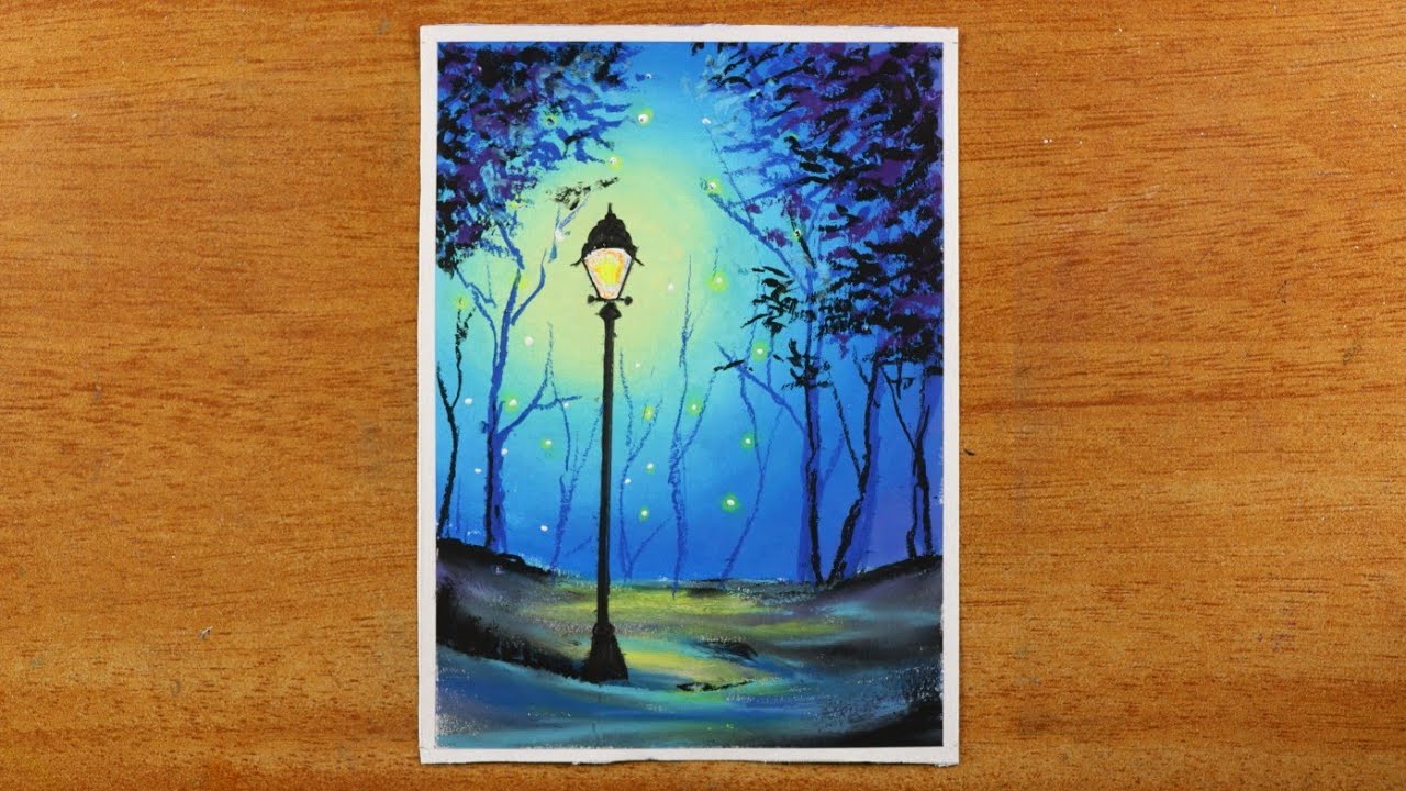 Very Easy And Simple Drawing with Oil pastels Street Lamp Moonlight